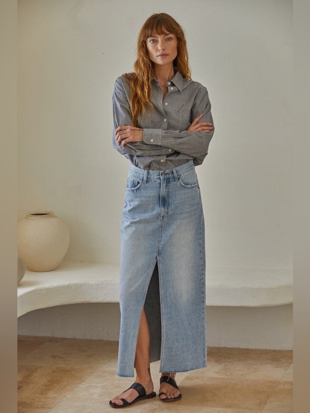 By Together Light Wash 100% Cotton Denim Maxi Skirt with Front Slit Size Medium